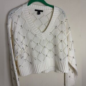 Forever 21 Cream V-Neck Sweater with Rhinestone Details